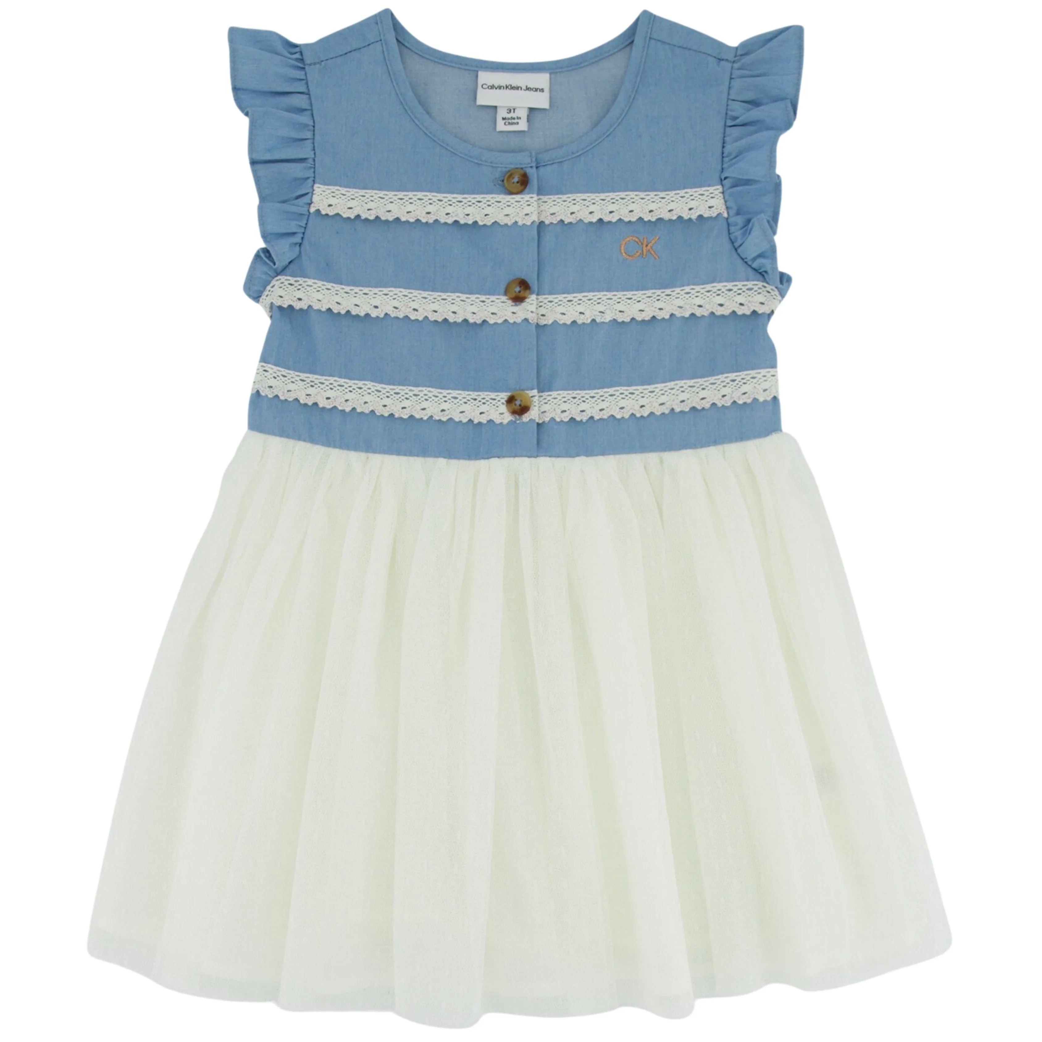 CALVIN KLEIN - BABY - Crochet-Trim Denim Mesh Dress