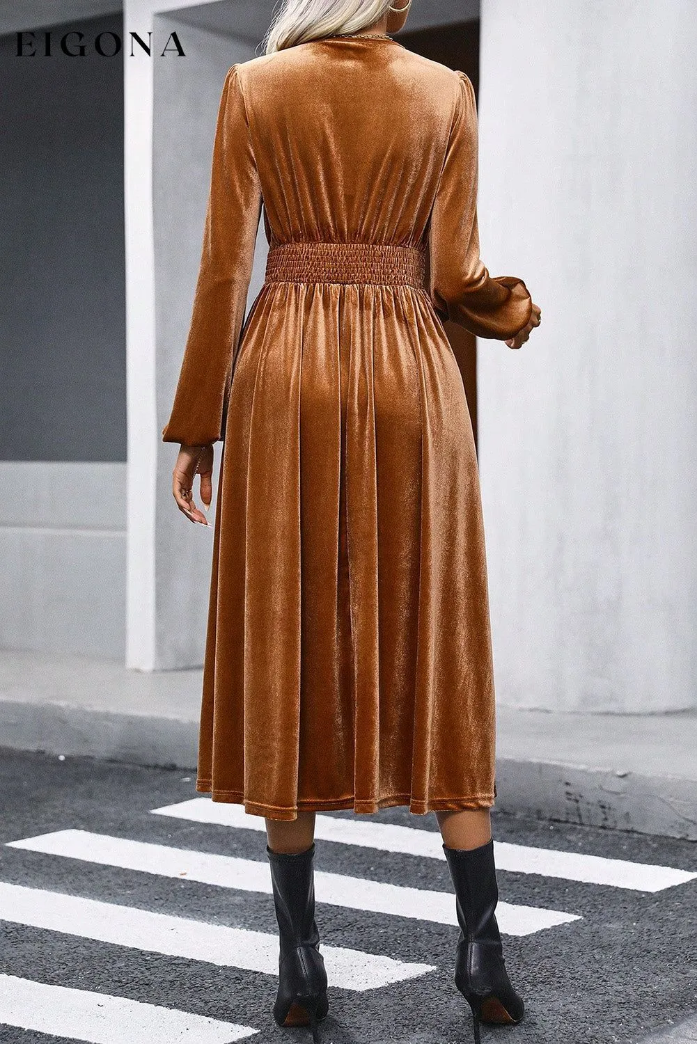 Camel Wrap V Neck Smocked High Waist Long Sleeve Velvet Midi Dress