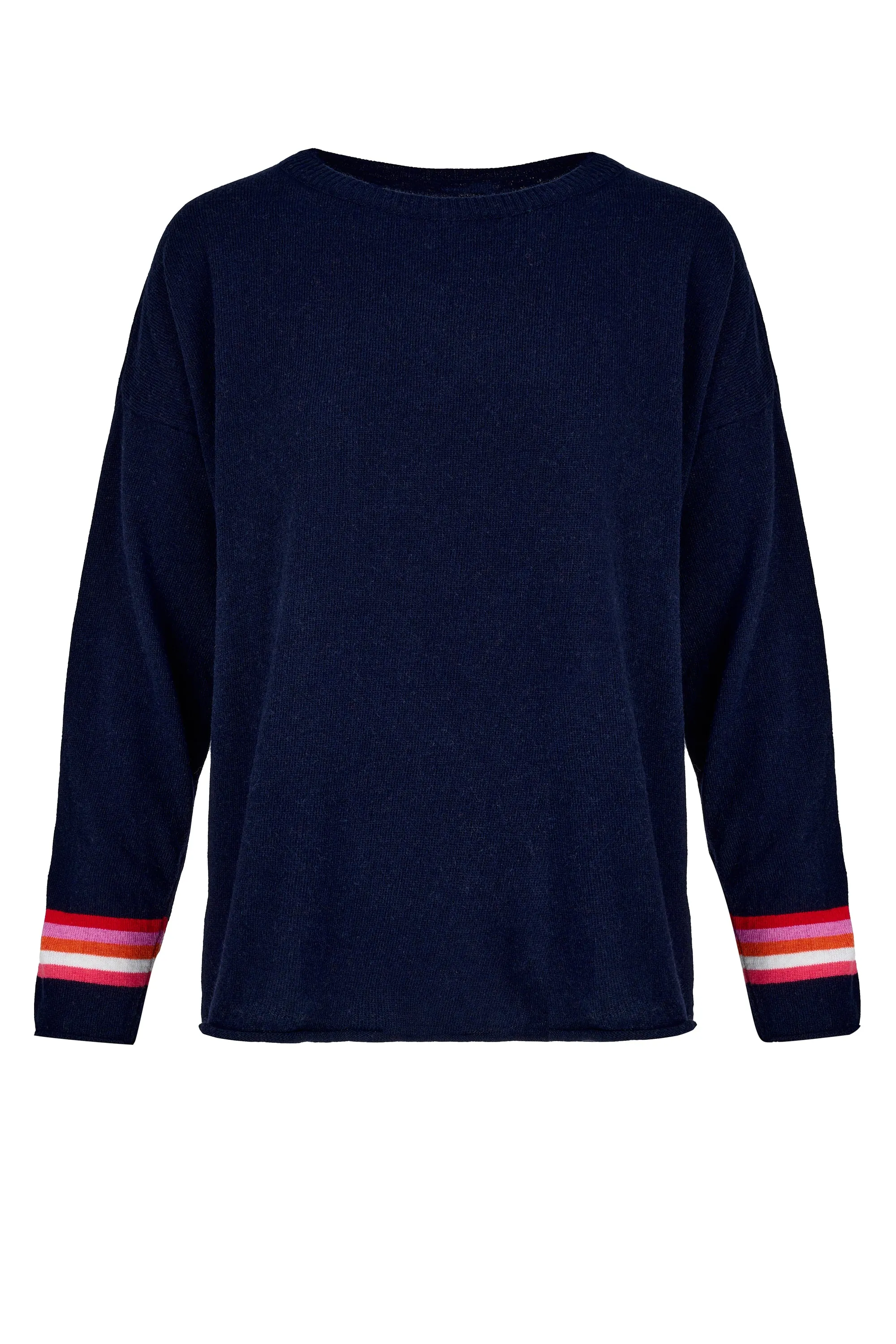 Cashmere Mix Sweater in Navy with Hem & Cuff Multi Stripe