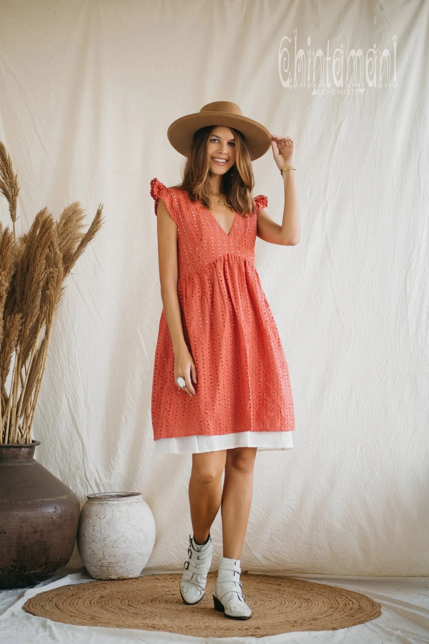 Certified Organic Cotton Mini Dress with Flower Eyelets / Coral Rose