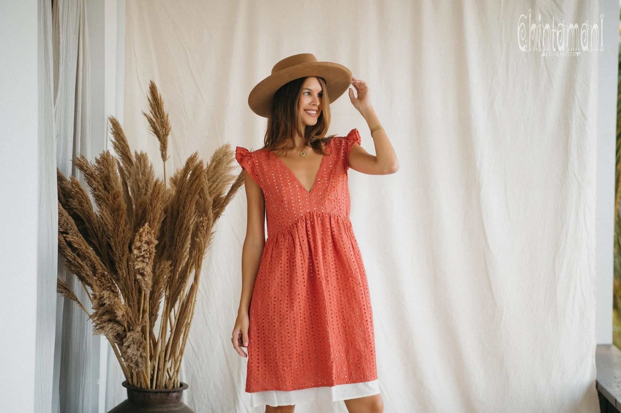 Certified Organic Cotton Mini Dress with Flower Eyelets / Coral Rose