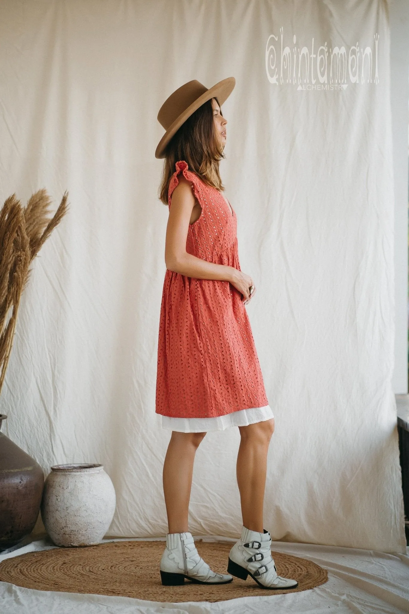 Certified Organic Cotton Mini Dress with Flower Eyelets / Coral Rose
