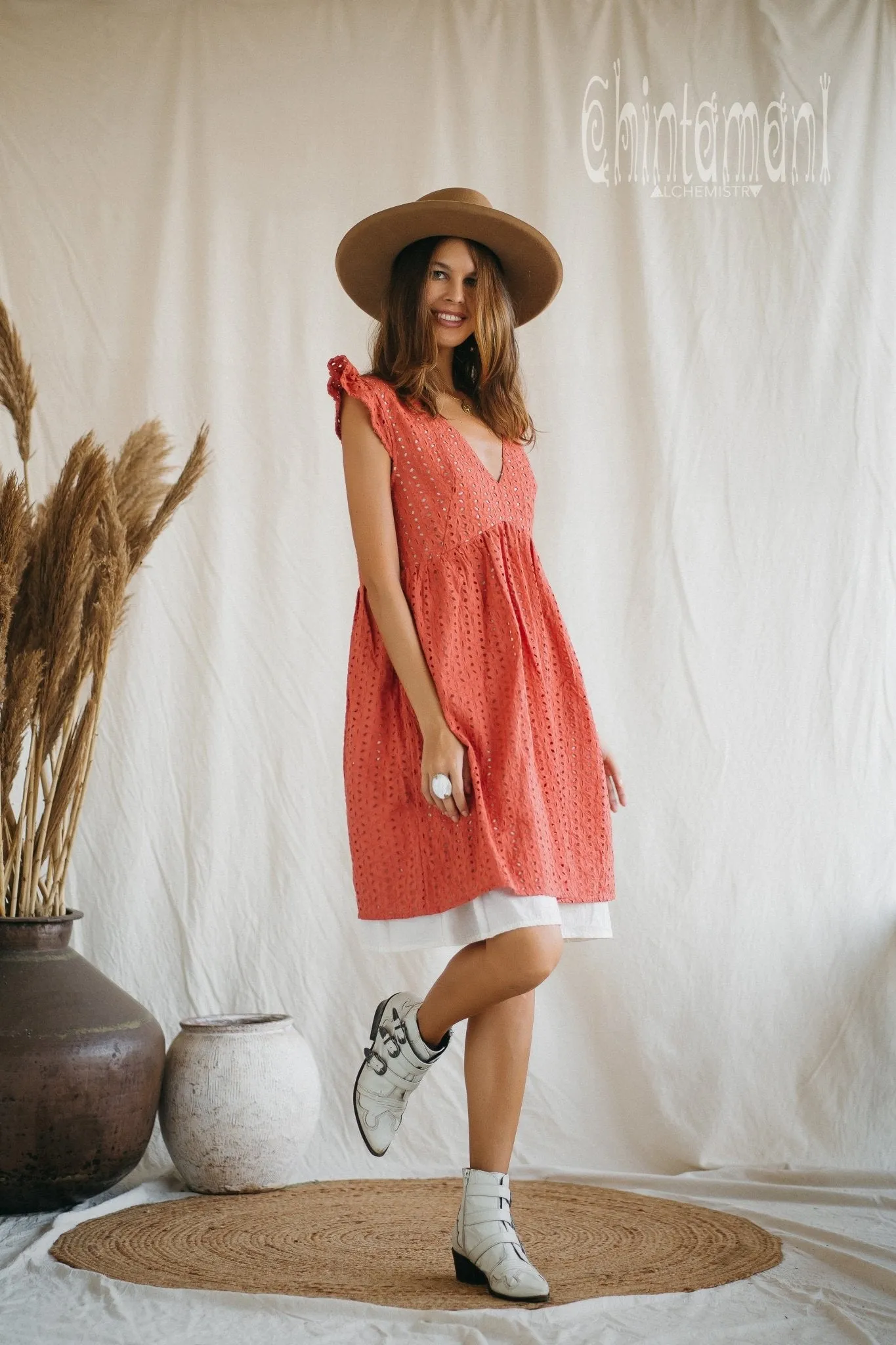 Certified Organic Cotton Mini Dress with Flower Eyelets / Coral Rose