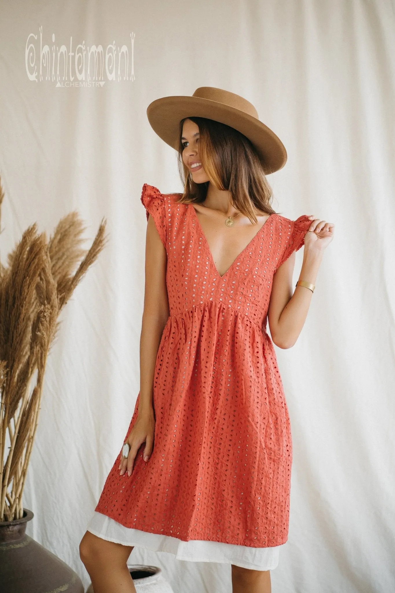 Certified Organic Cotton Mini Dress with Flower Eyelets / Coral Rose