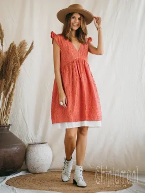 Certified Organic Cotton Mini Dress with Flower Eyelets / Coral Rose