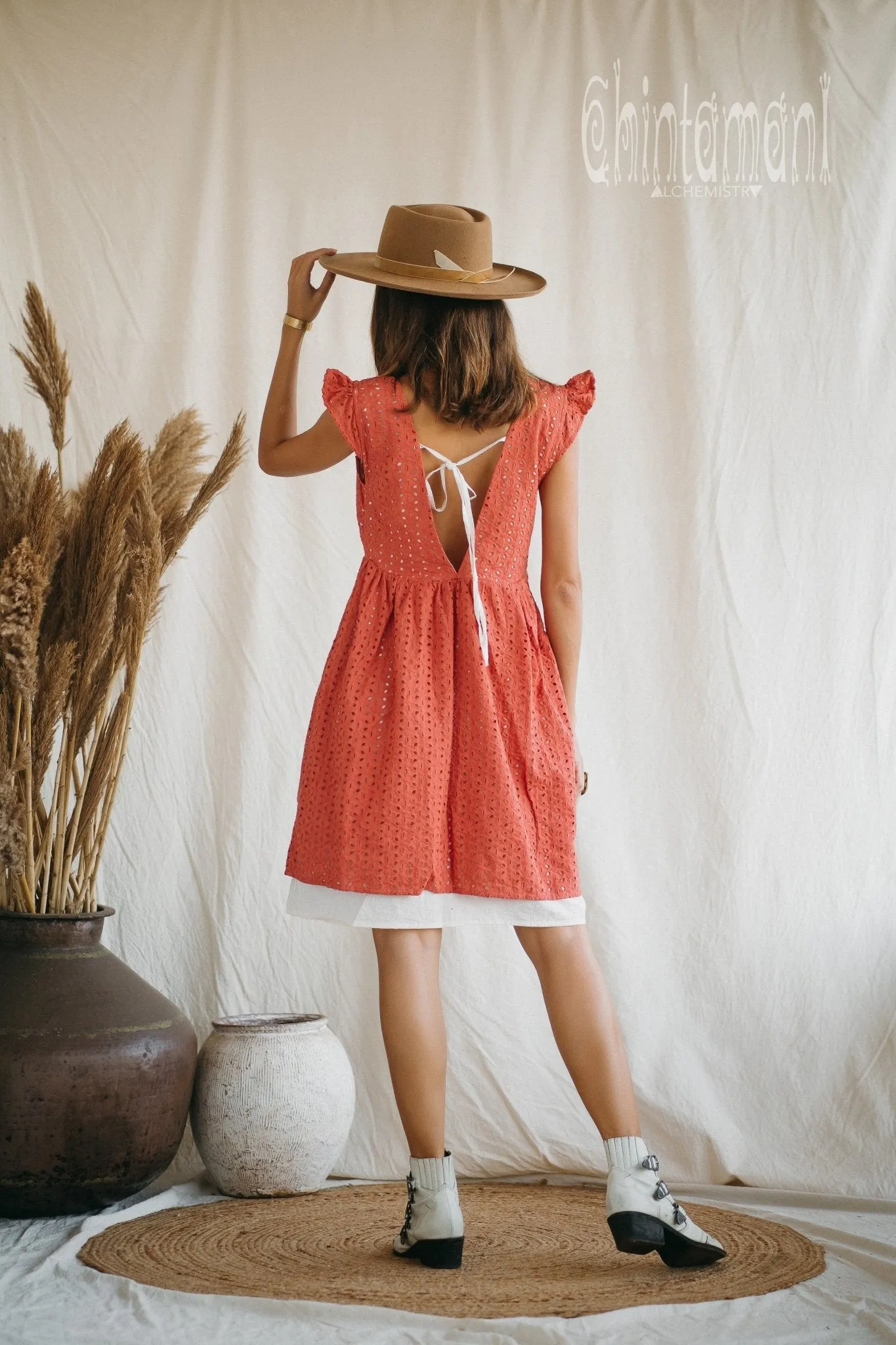 Certified Organic Cotton Mini Dress with Flower Eyelets / Coral Rose
