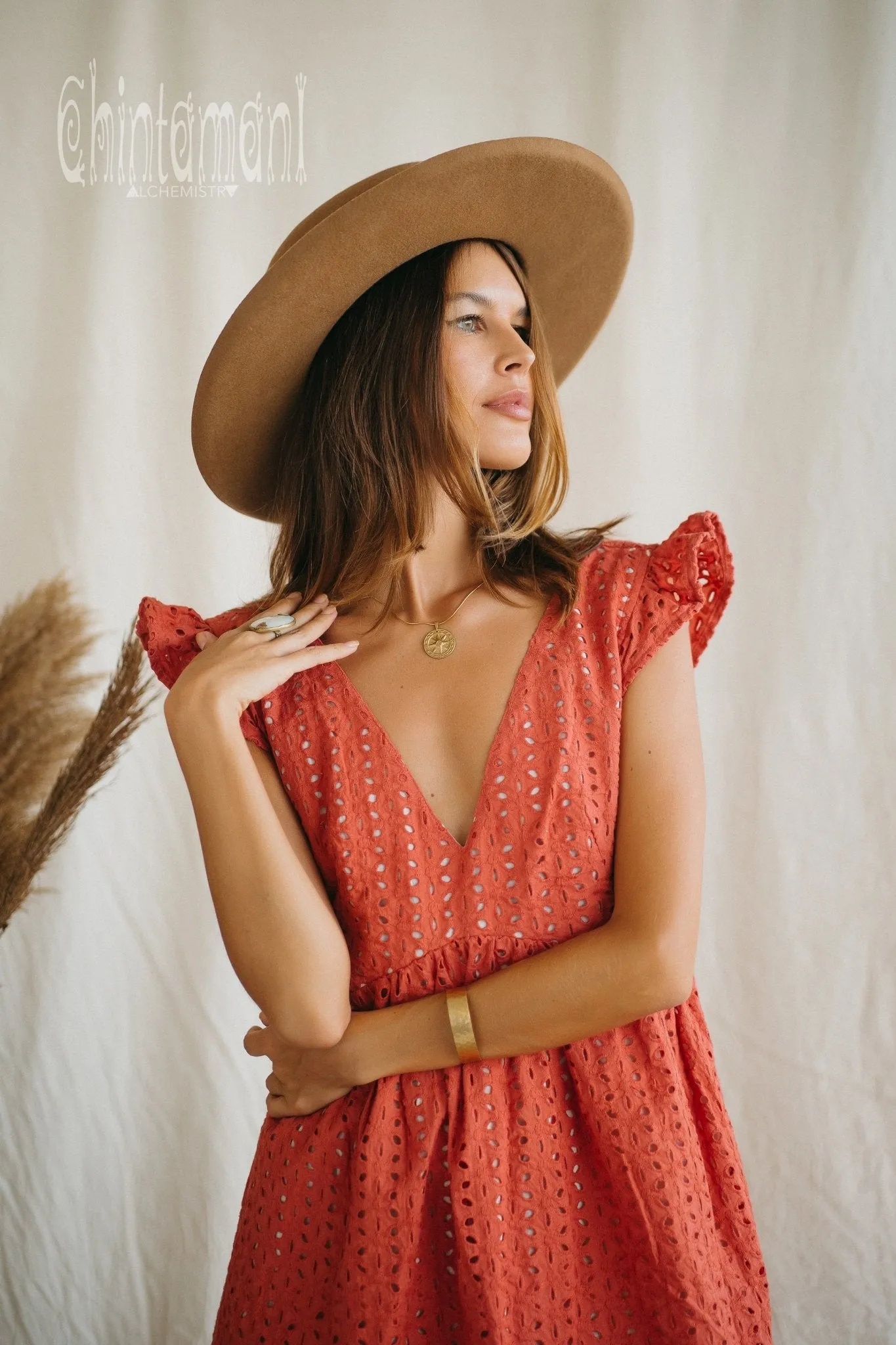 Certified Organic Cotton Mini Dress with Flower Eyelets / Coral Rose