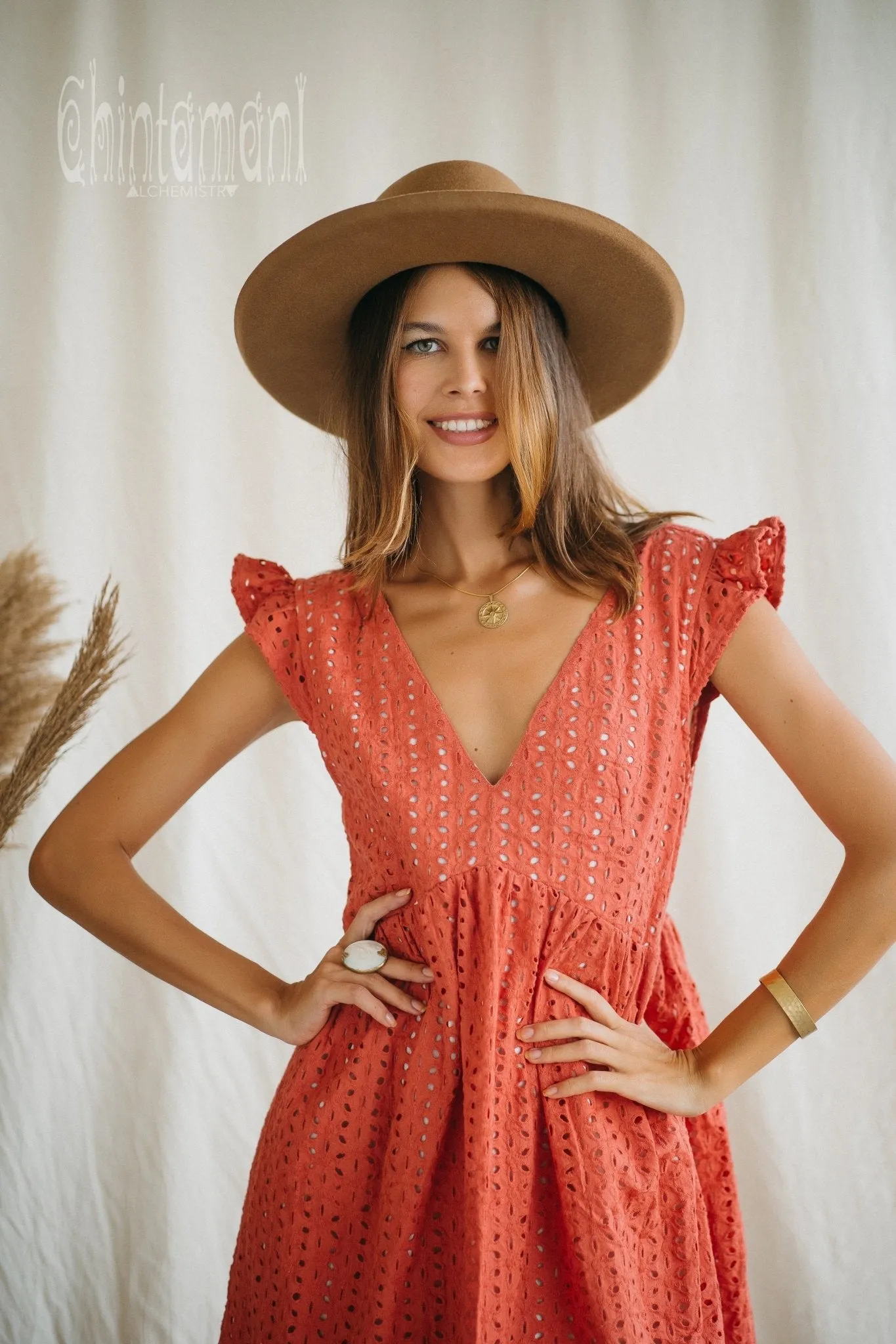 Certified Organic Cotton Mini Dress with Flower Eyelets / Coral Rose