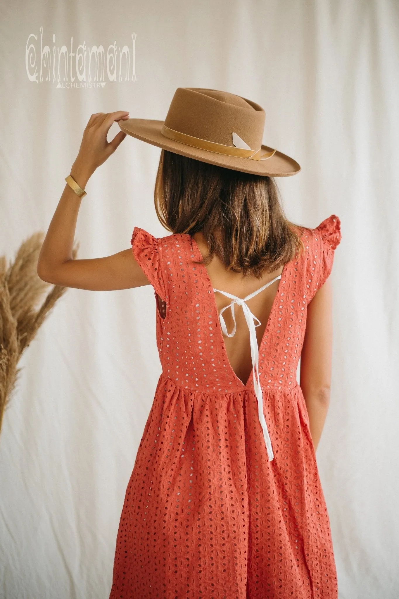 Certified Organic Cotton Mini Dress with Flower Eyelets / Coral Rose