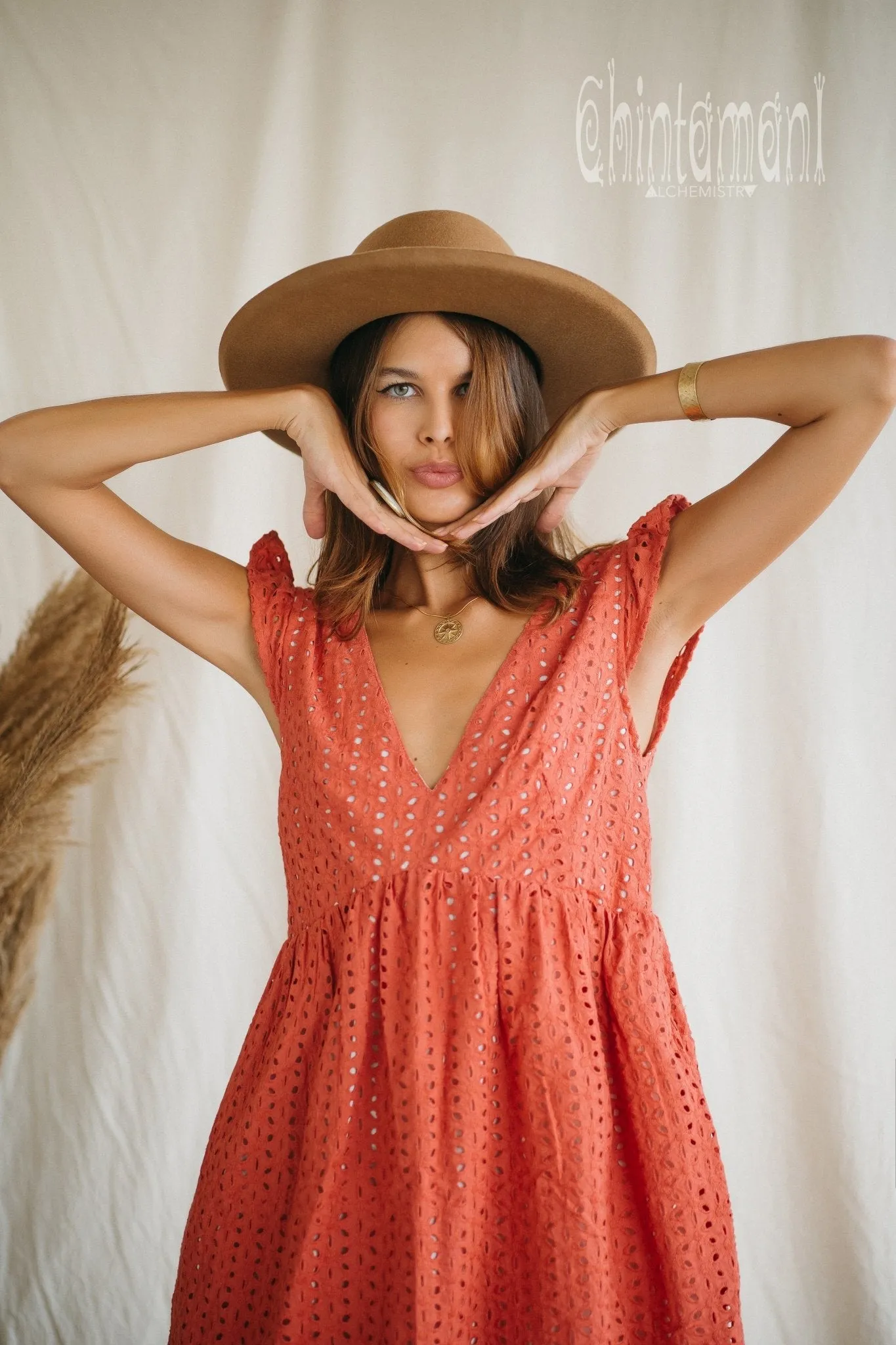 Certified Organic Cotton Mini Dress with Flower Eyelets / Coral Rose