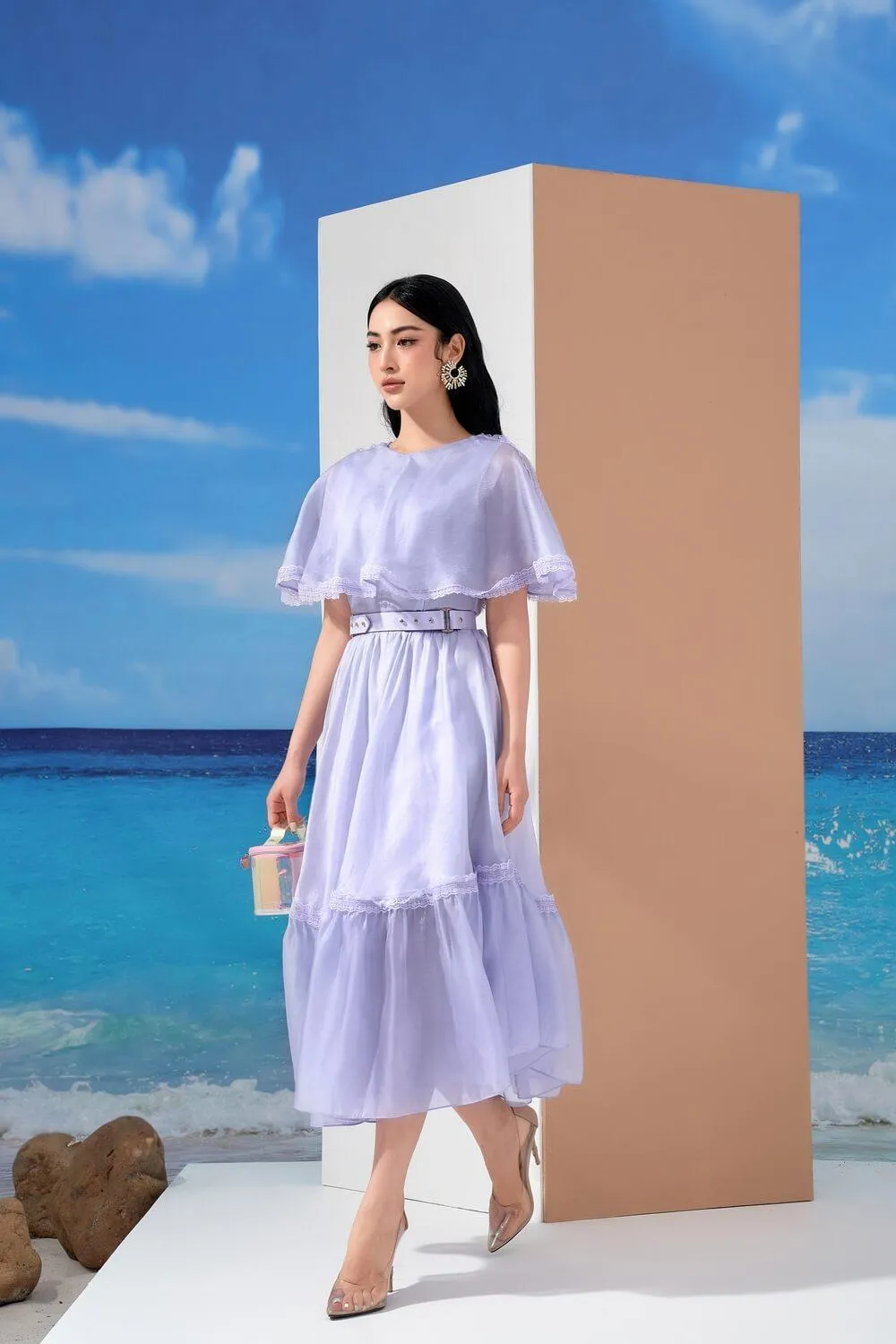 Cheryl Drop Waist Cape Shoulder Organza Midi Dress