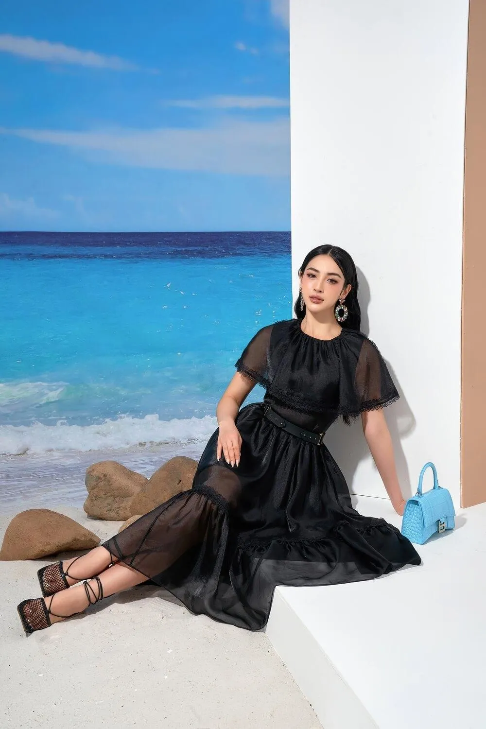 Cheryl Drop Waist Cape Shoulder Organza Midi Dress