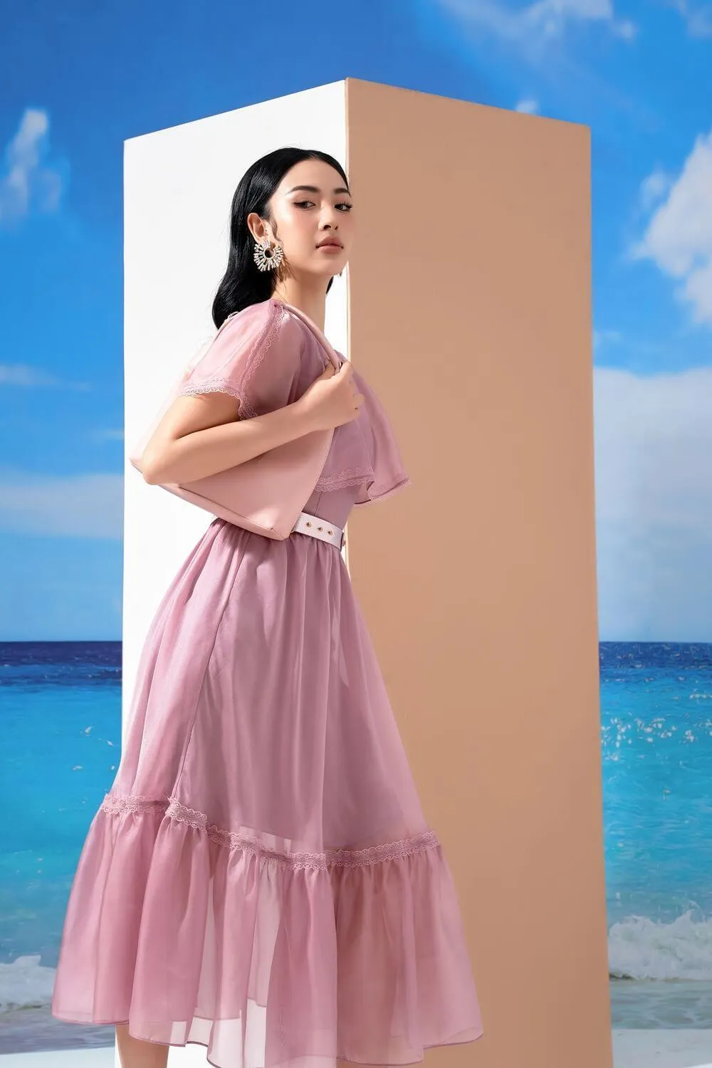 Cheryl Drop Waist Cape Shoulder Organza Midi Dress