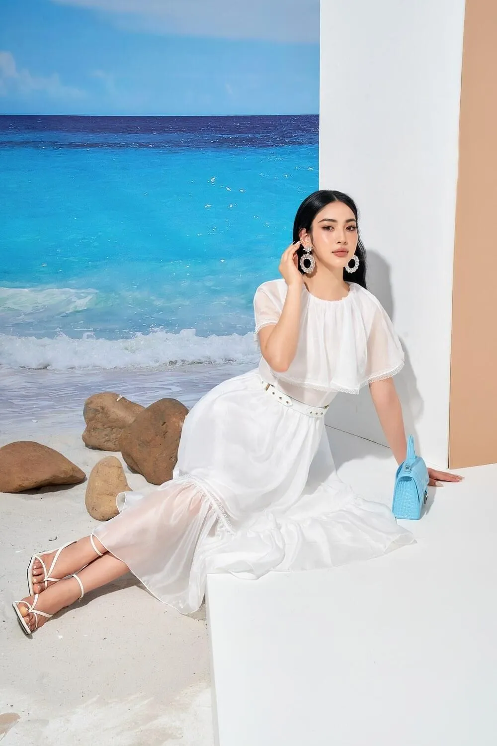 Cheryl Drop Waist Cape Shoulder Organza Midi Dress