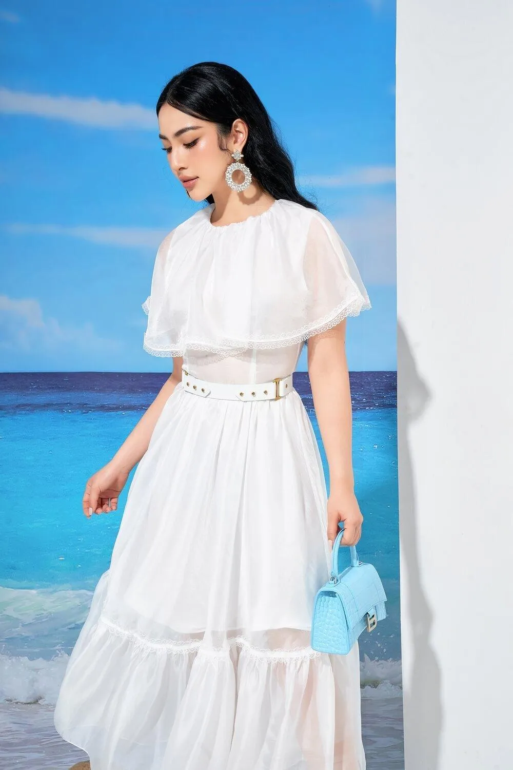 Cheryl Drop Waist Cape Shoulder Organza Midi Dress