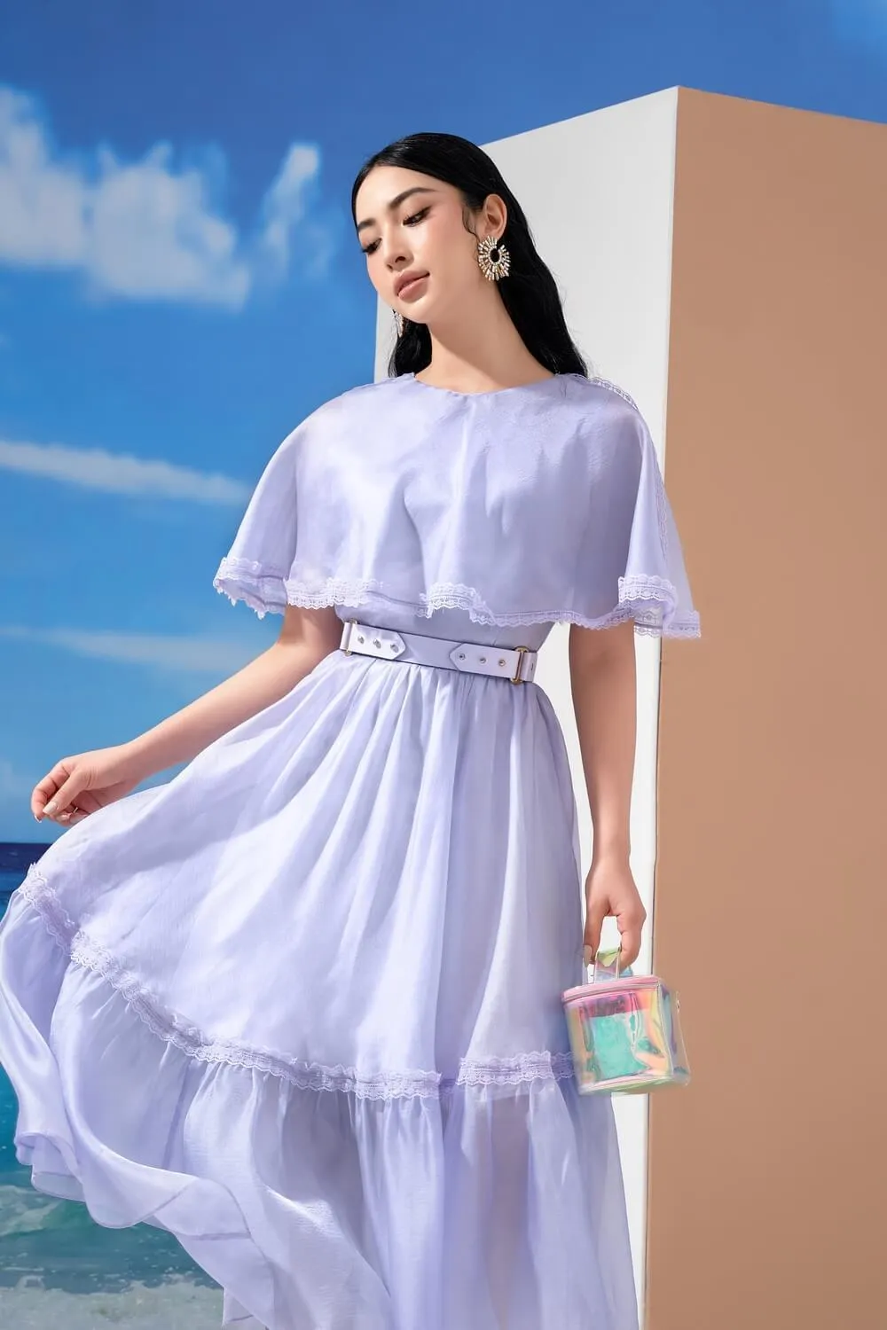 Cheryl Drop Waist Cape Shoulder Organza Midi Dress