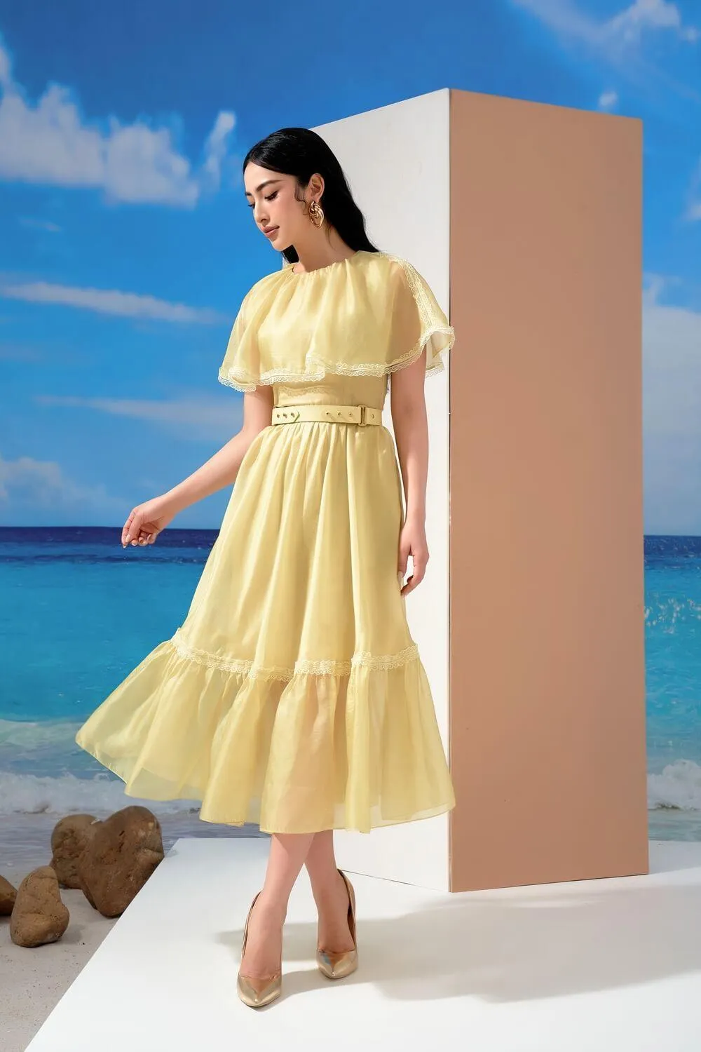 Cheryl Drop Waist Cape Shoulder Organza Midi Dress