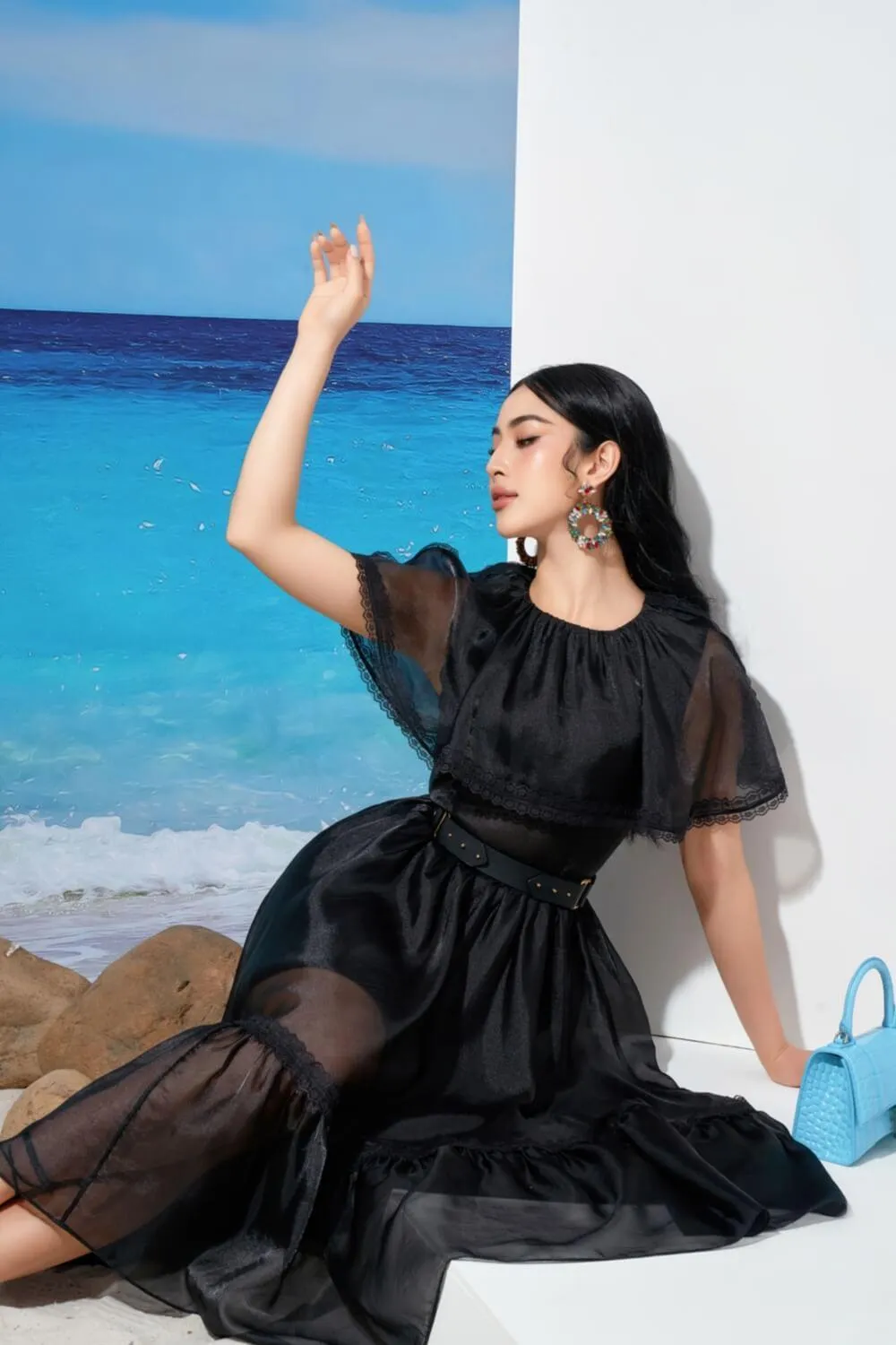 Cheryl Drop Waist Cape Shoulder Organza Midi Dress