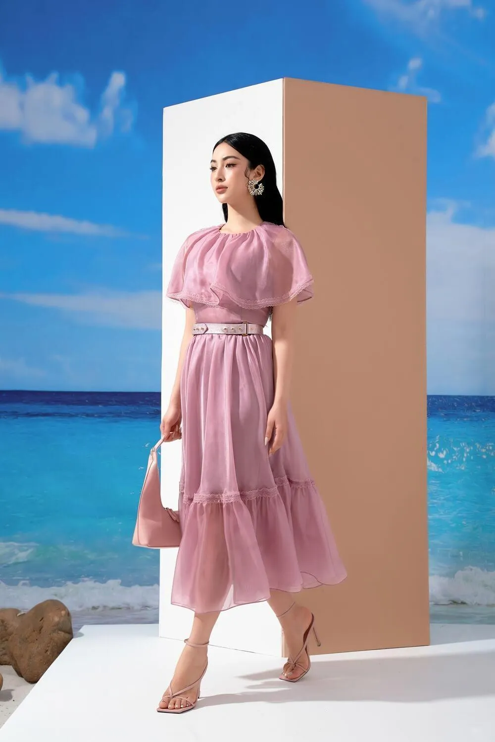 Cheryl Drop Waist Cape Shoulder Organza Midi Dress