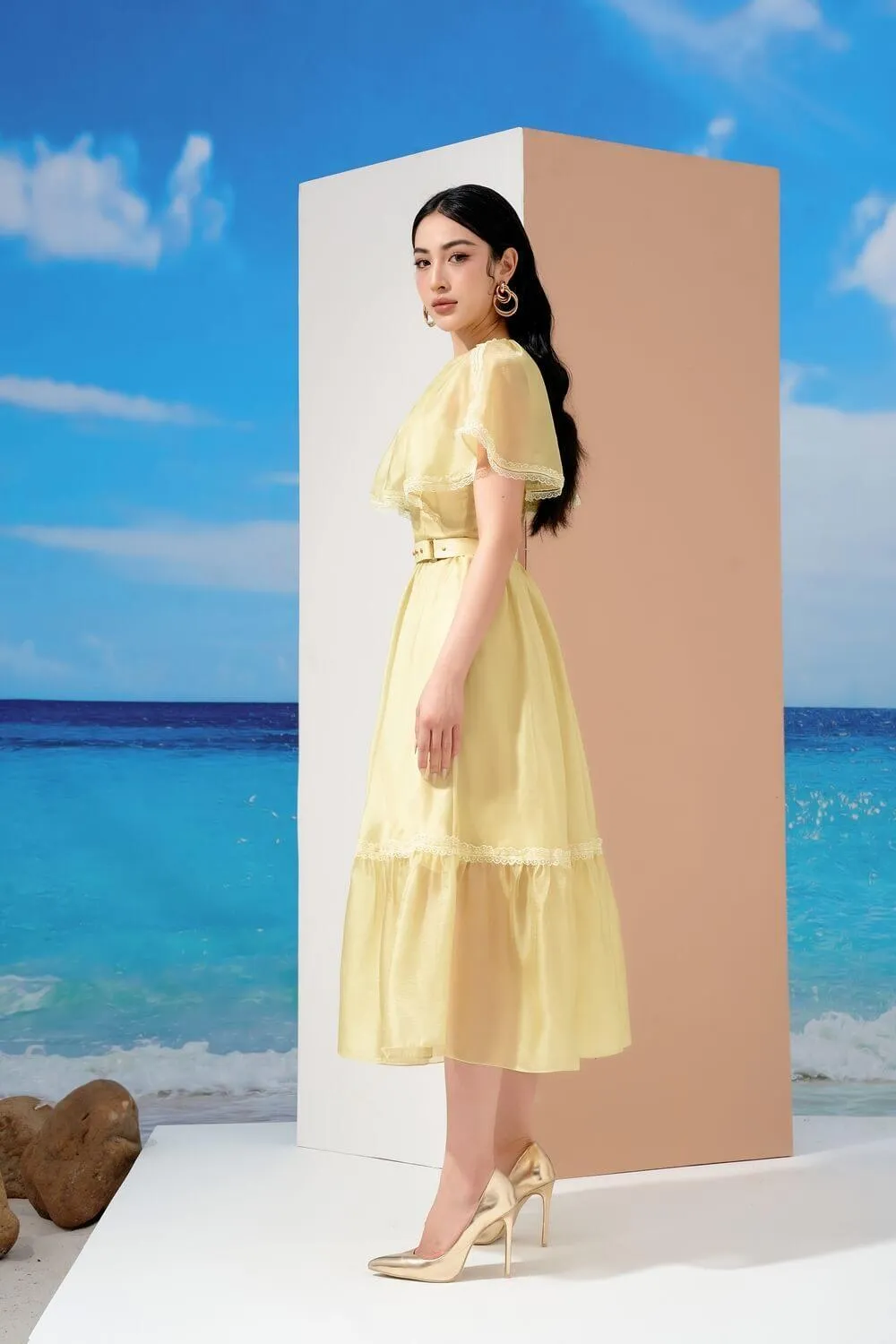 Cheryl Drop Waist Cape Shoulder Organza Midi Dress