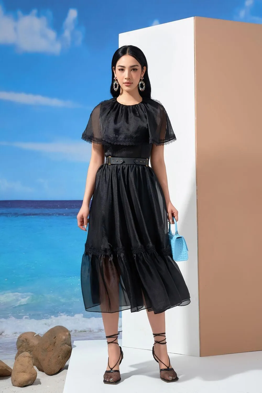 Cheryl Drop Waist Cape Shoulder Organza Midi Dress