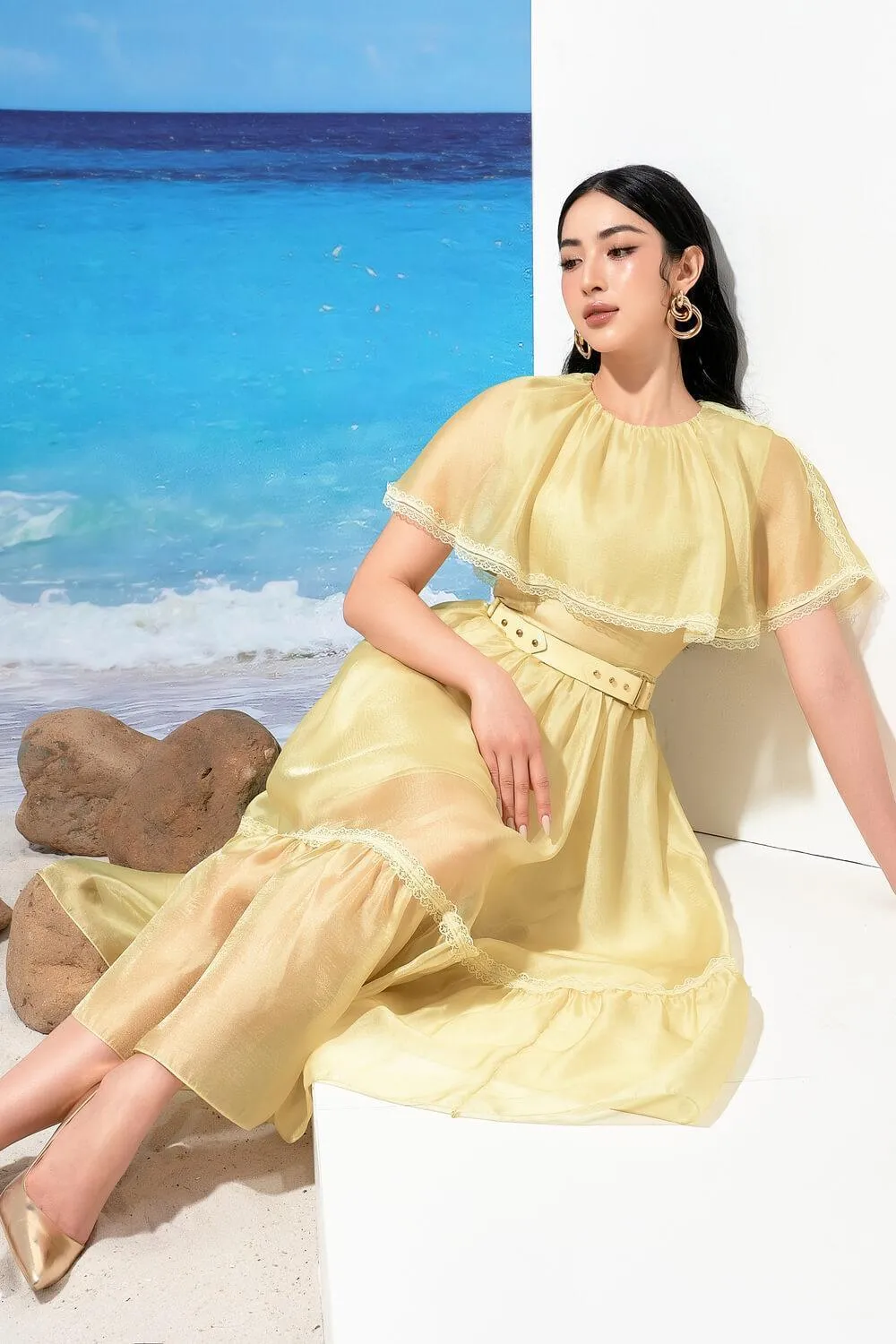 Cheryl Drop Waist Cape Shoulder Organza Midi Dress