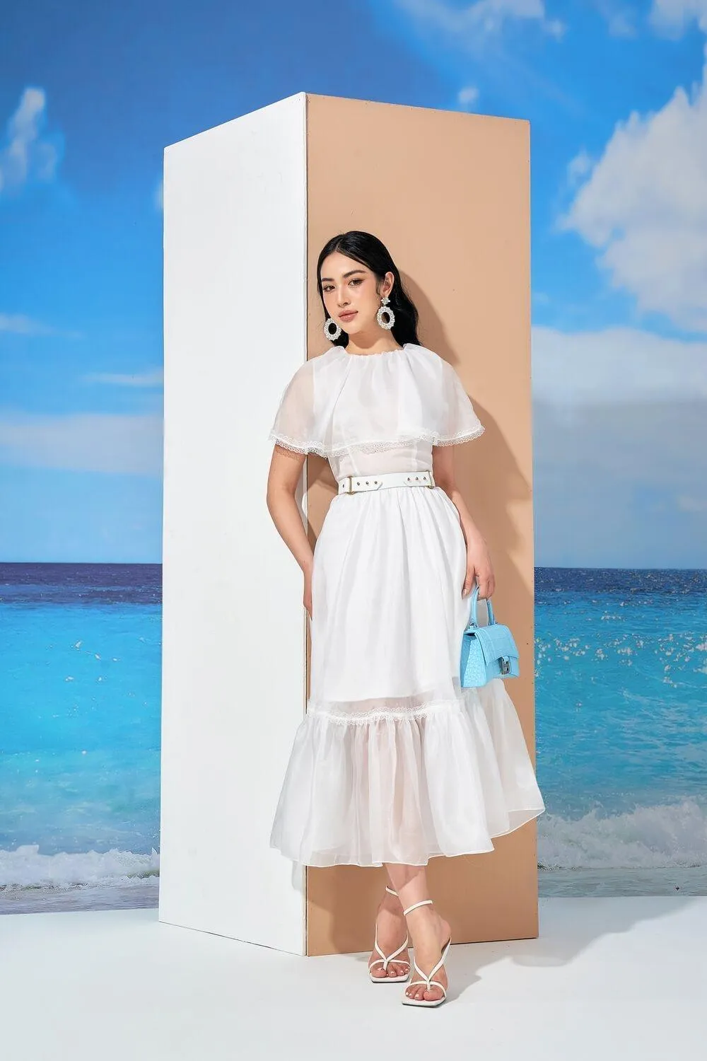 Cheryl Drop Waist Cape Shoulder Organza Midi Dress