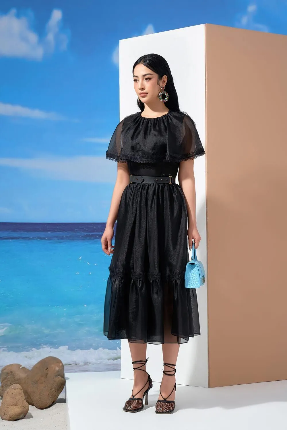 Cheryl Drop Waist Cape Shoulder Organza Midi Dress