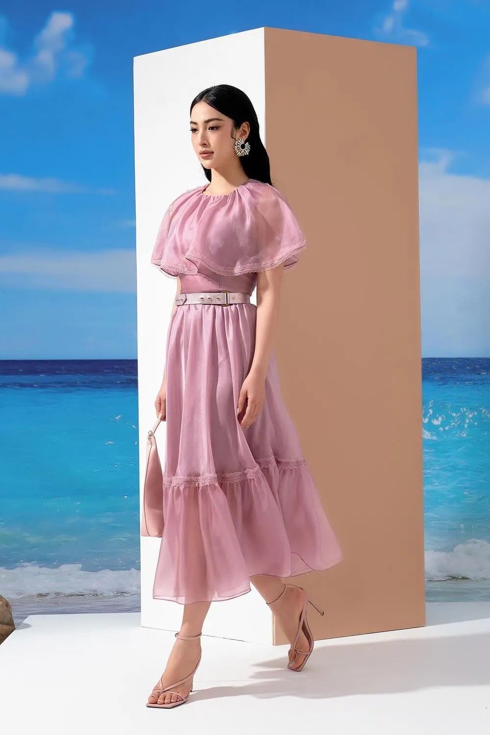 Cheryl Drop Waist Cape Shoulder Organza Midi Dress