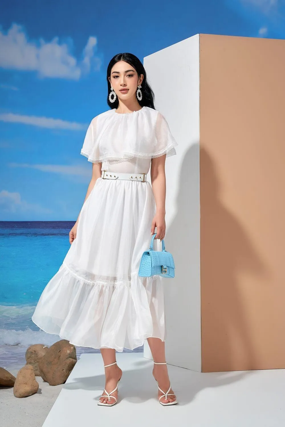 Cheryl Drop Waist Cape Shoulder Organza Midi Dress