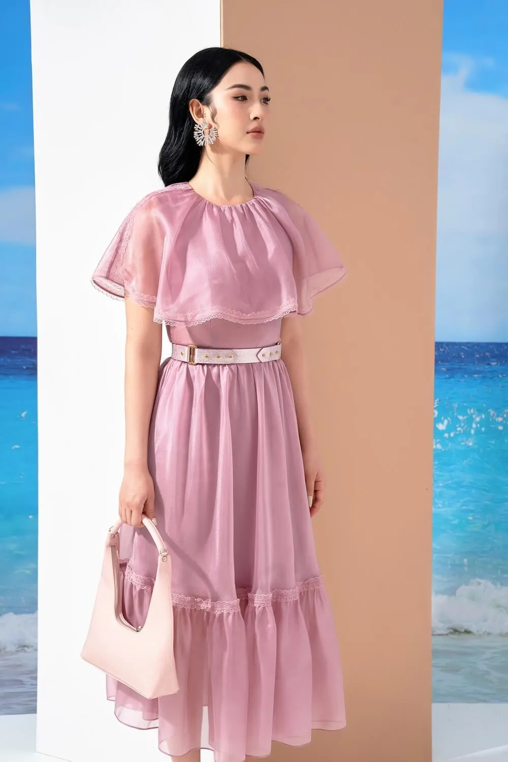 Cheryl Drop Waist Cape Shoulder Organza Midi Dress