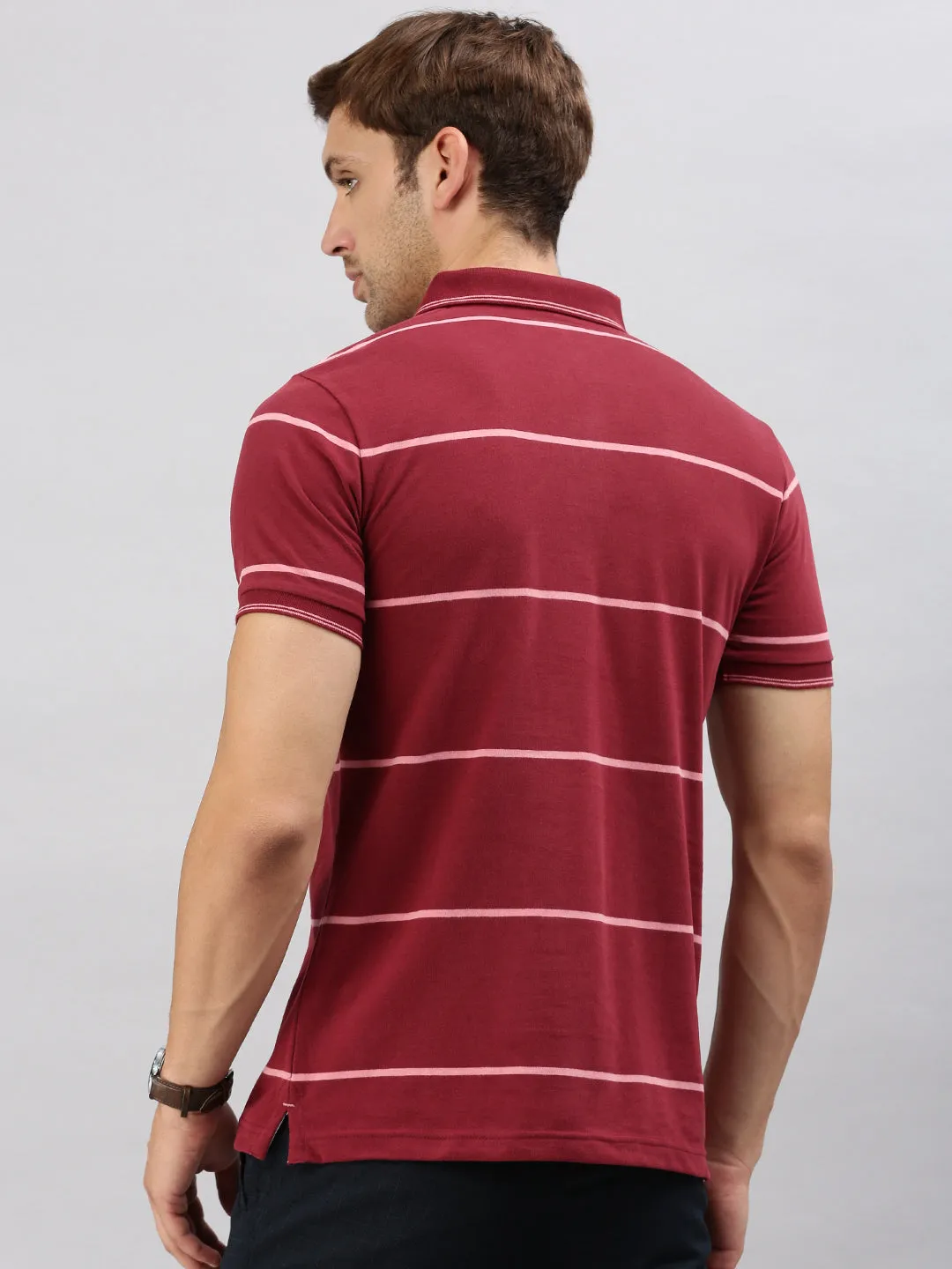 Classic Polo Men's Half Sleeve Maroon Polo Neck Slim Fit Striped T-Shirt | CPEG - 336 A SF P