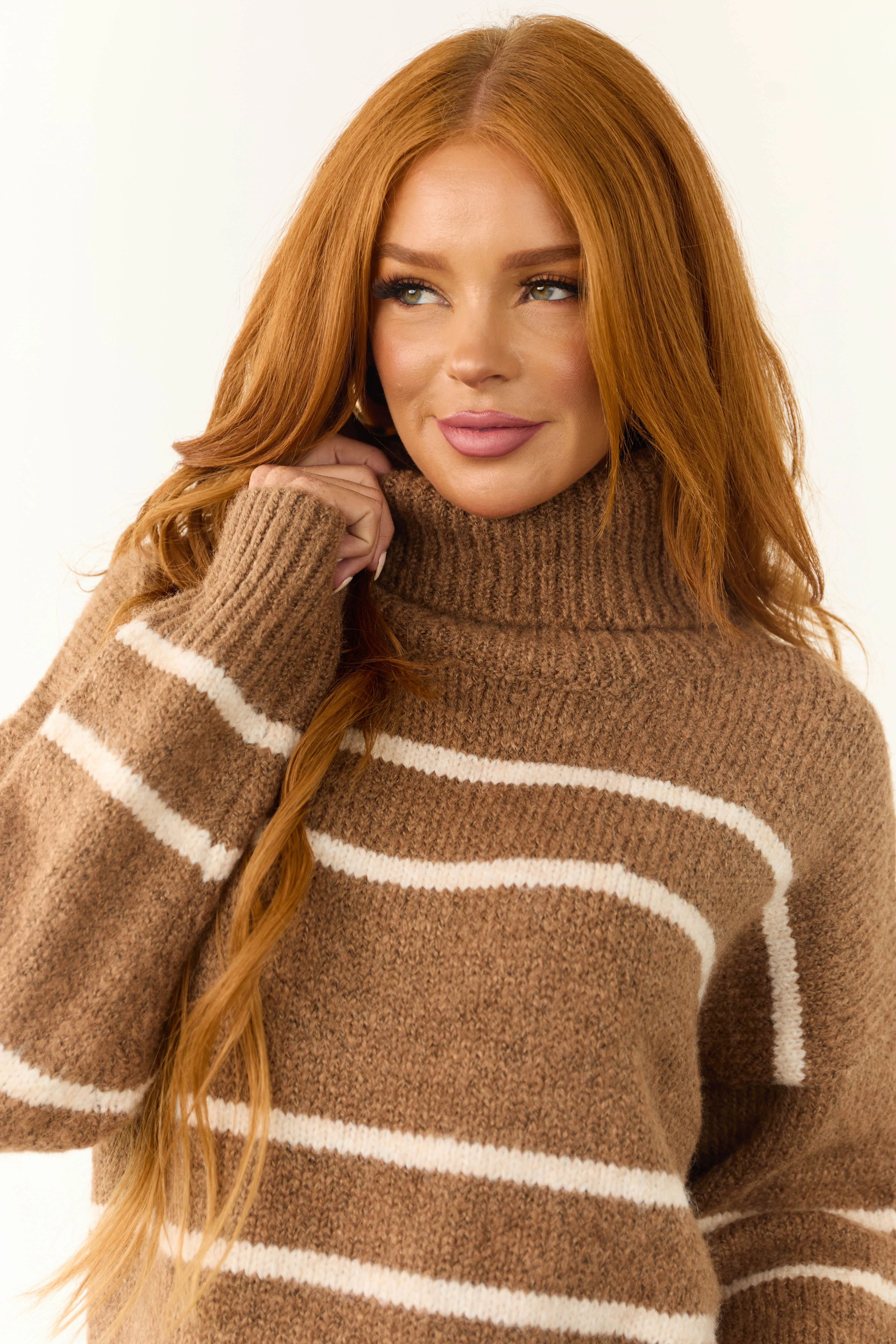 Coffee and Ivory Striped Turtleneck Sweater