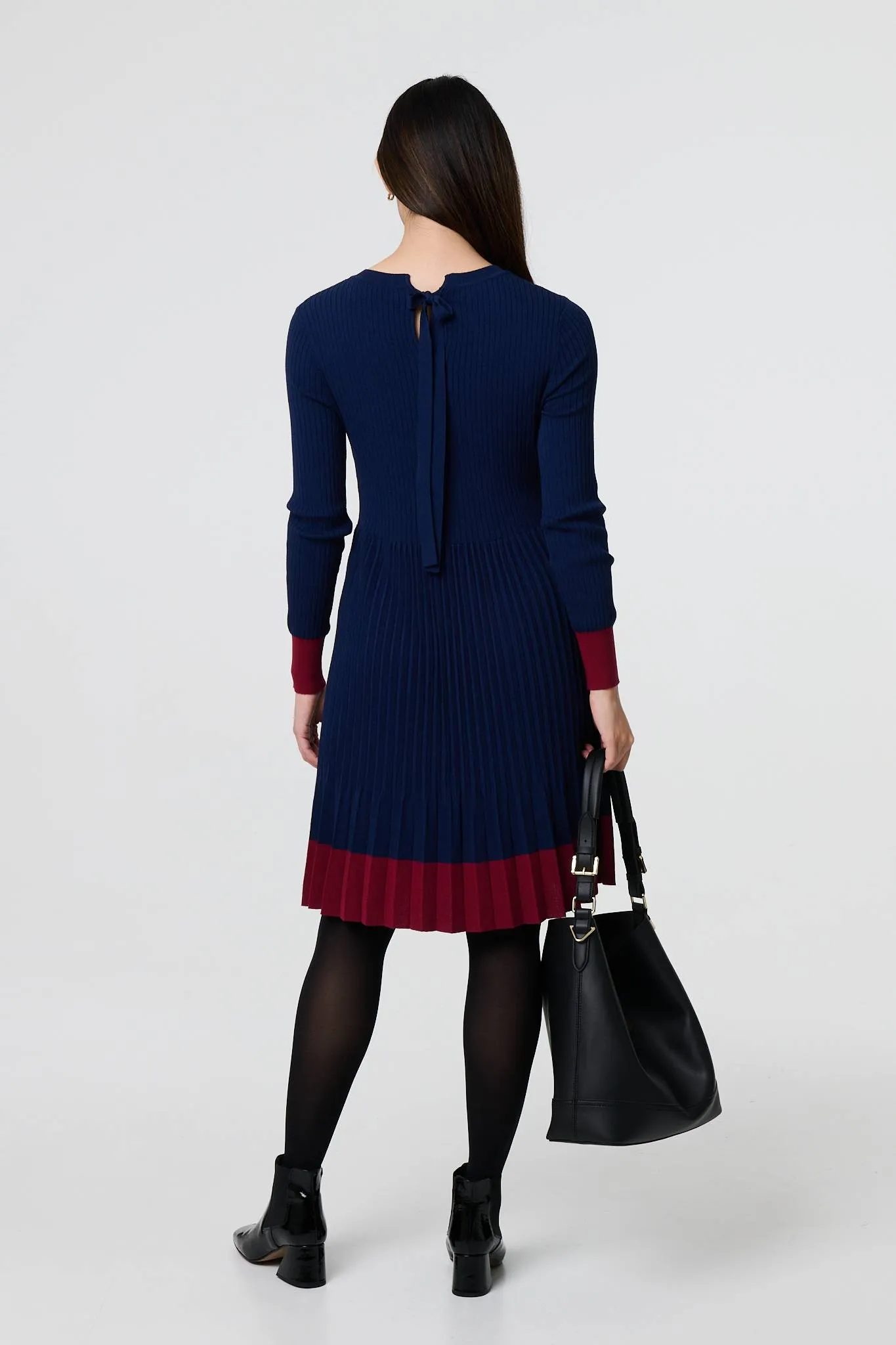 Colour Block Tie Neck Short Jumper Dress