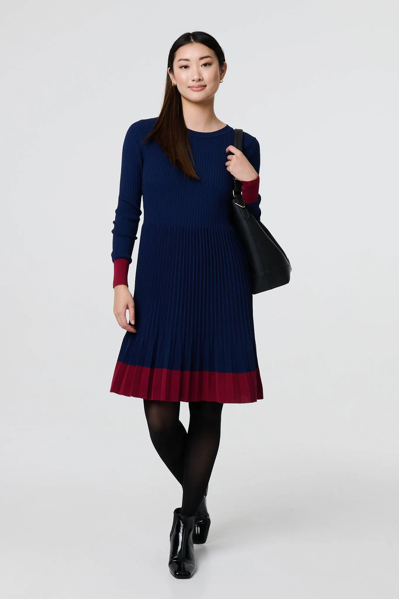 Colour Block Tie Neck Short Jumper Dress