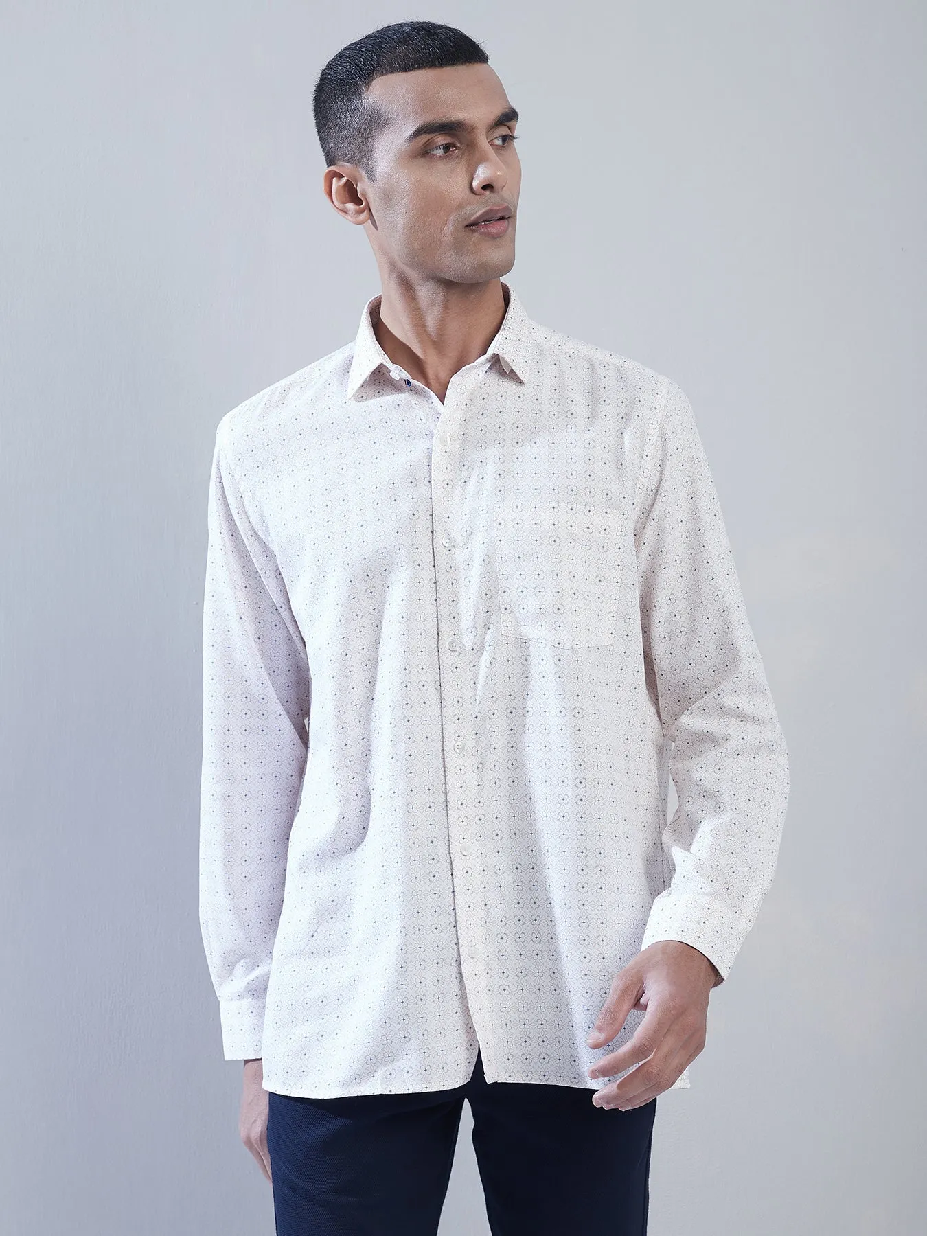 Cotton Tencel Beige Printed Slim Fit Full Sleeve Formal Shirt