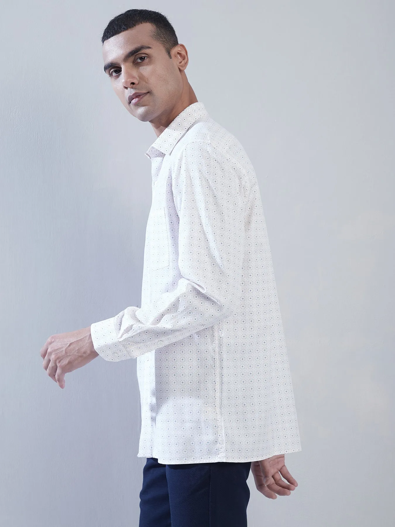 Cotton Tencel Beige Printed Slim Fit Full Sleeve Formal Shirt