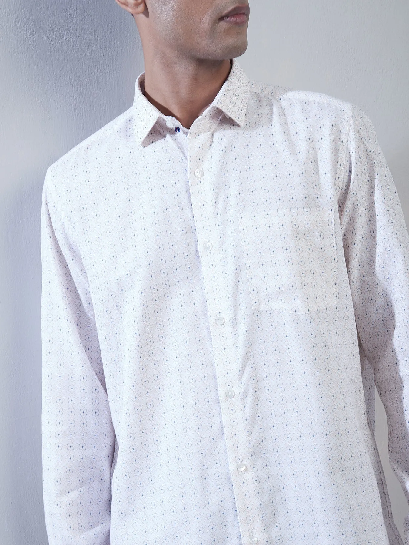 Cotton Tencel Beige Printed Slim Fit Full Sleeve Formal Shirt