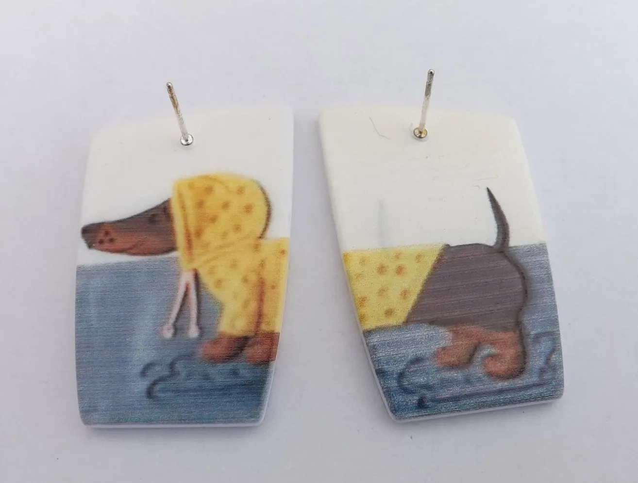 Dachshund Dog in Yellow Raincoat Acrylic Stud Earrings