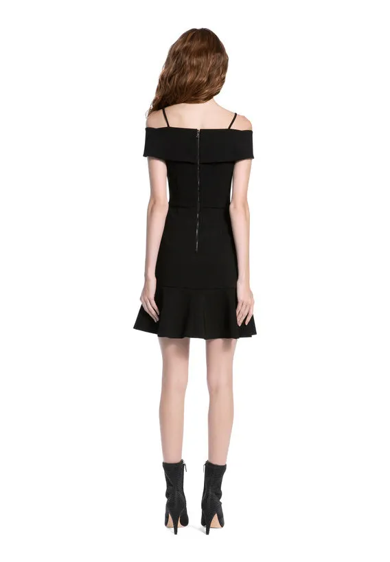Dash Cold-Shoulder Faux-Wrap Flounce Dress in Black