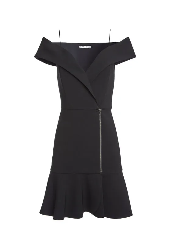 Dash Cold-Shoulder Faux-Wrap Flounce Dress in Black