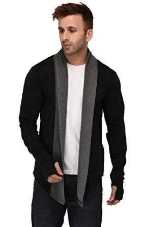 DENIMHOLIC Mens Thumbhole Open Long Cardigan Full Sleeve Shrug for Men (Black, Medium)
