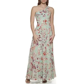 Eliza J Women's Gown Style Printed Chiffon Sleeveless Asymetrical One Shoulder Dress, Mint