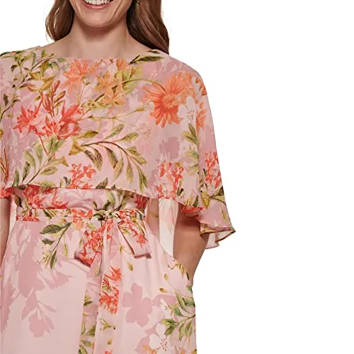 Eliza J Women's Maxi Style Caplet Chiffon Elbow Sleeve Jewel Neck Dress, Blush