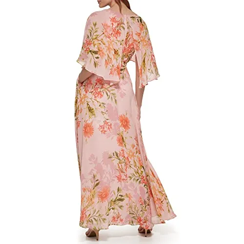 Eliza J Women's Maxi Style Caplet Chiffon Elbow Sleeve Jewel Neck Dress, Blush