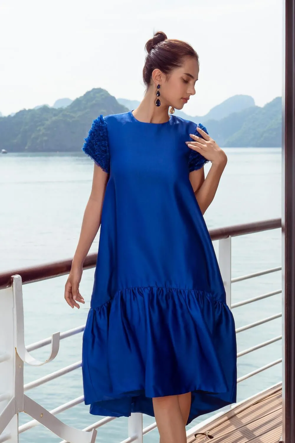 Esther Drop Waist Round Neck Taffeta Midi Dress