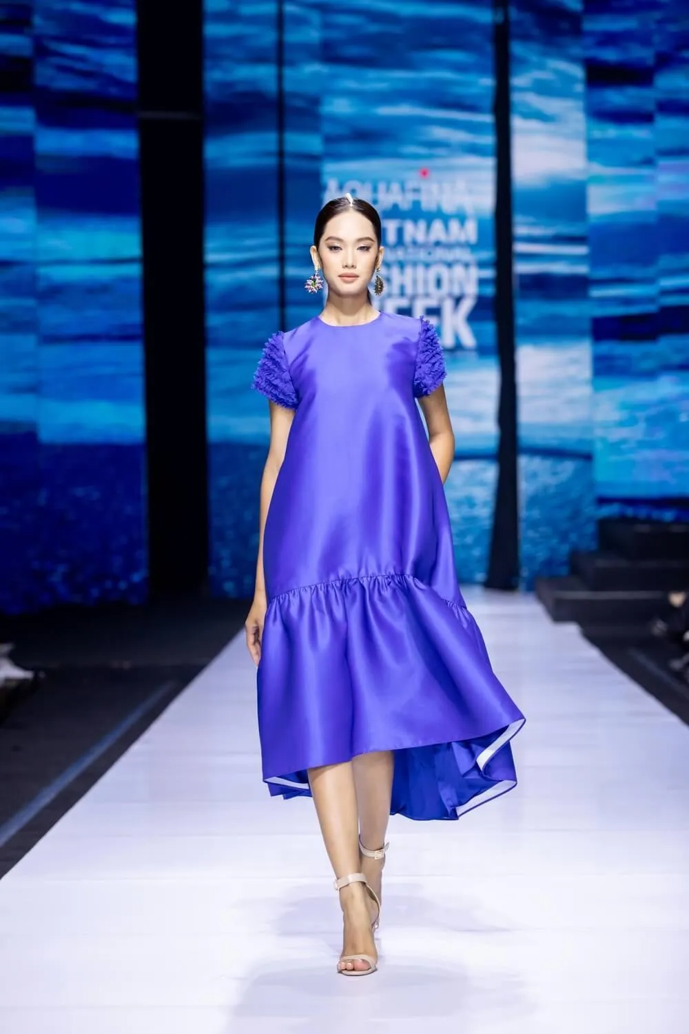 Esther Drop Waist Round Neck Taffeta Midi Dress