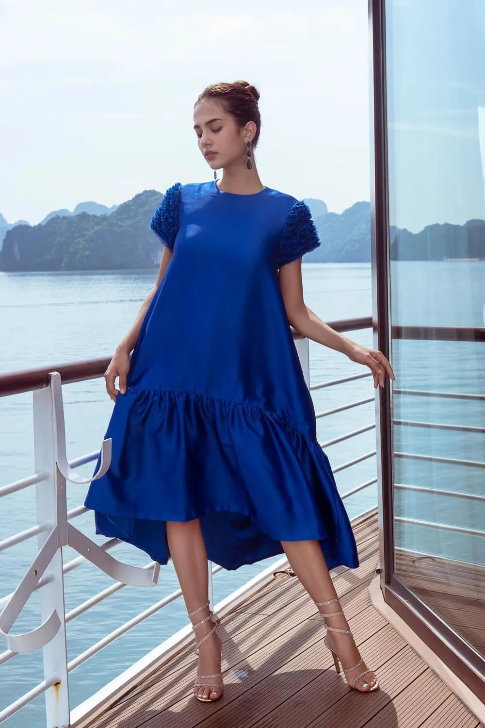 Esther Drop Waist Round Neck Taffeta Midi Dress