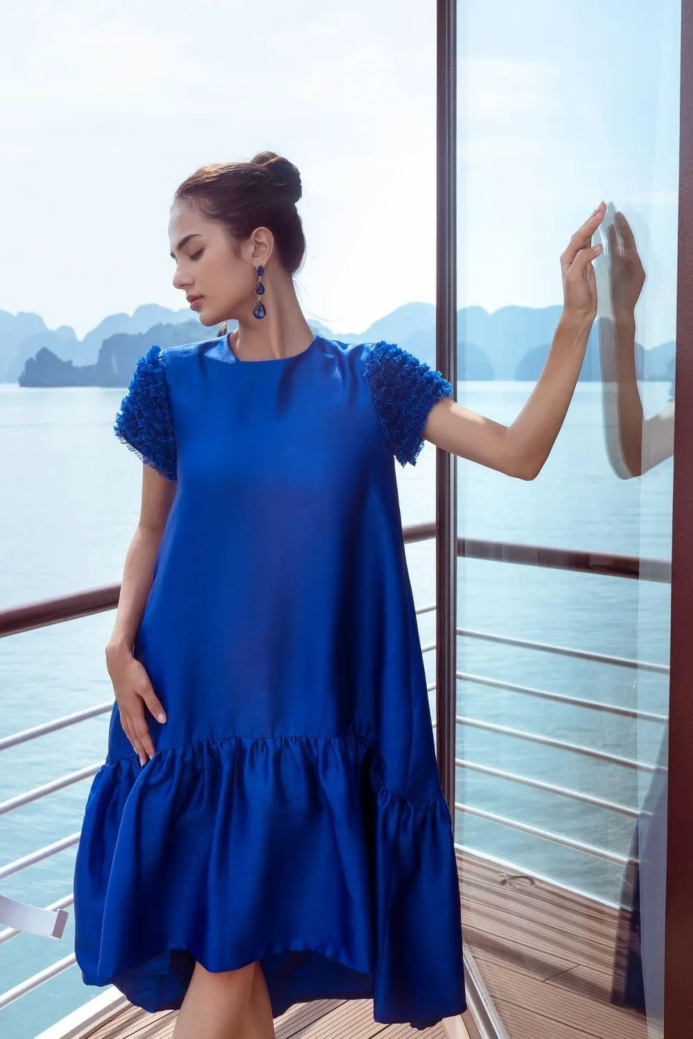 Esther Drop Waist Round Neck Taffeta Midi Dress