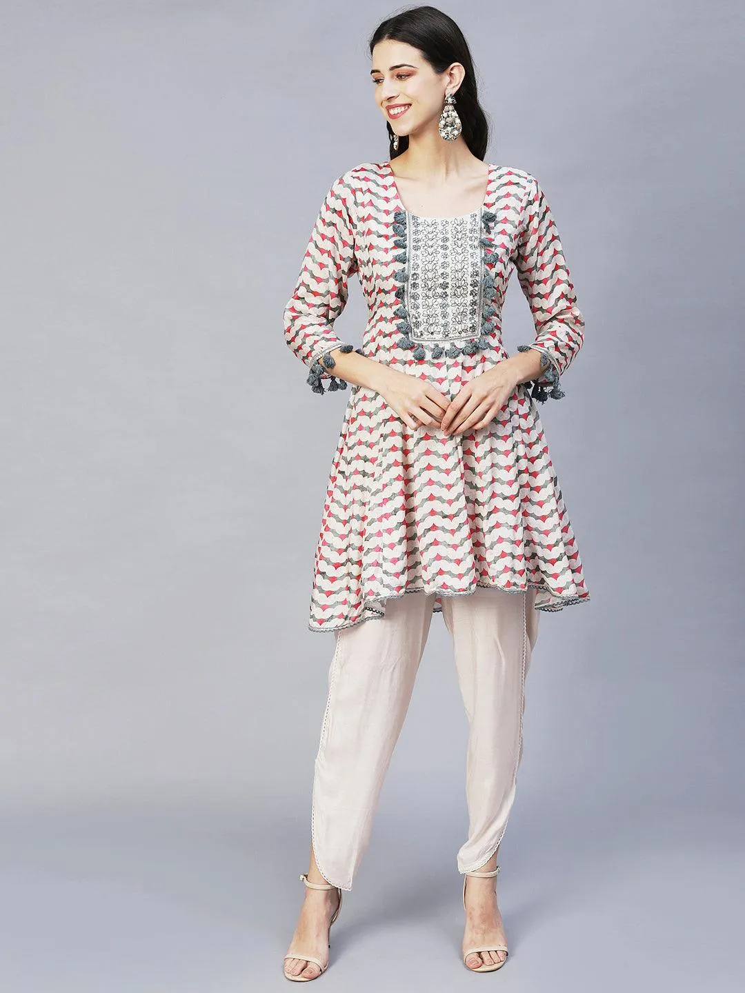 Ethnic Printed & Embroidered Anarkali Kurta with Dhoti Pants - Multi